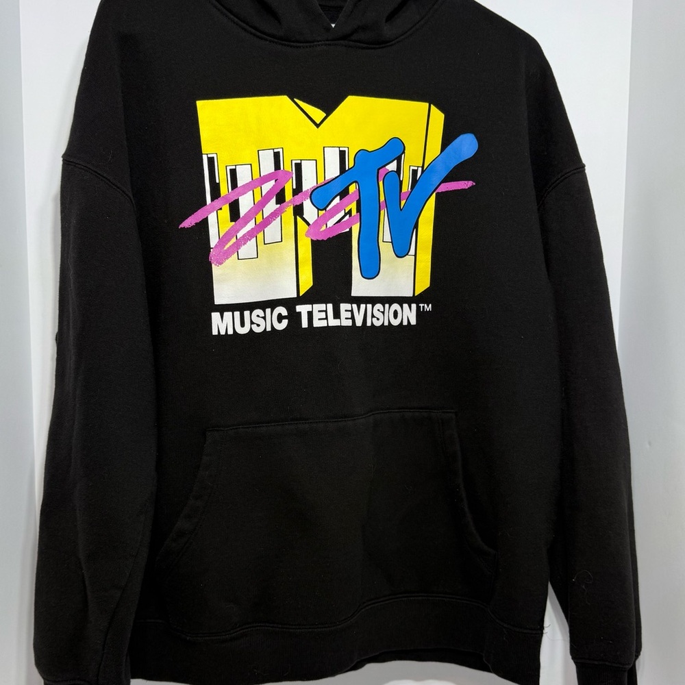 MTV Music Television hoodie In Black With Yellow Blue And Pink Logo Size M. Y2K‎